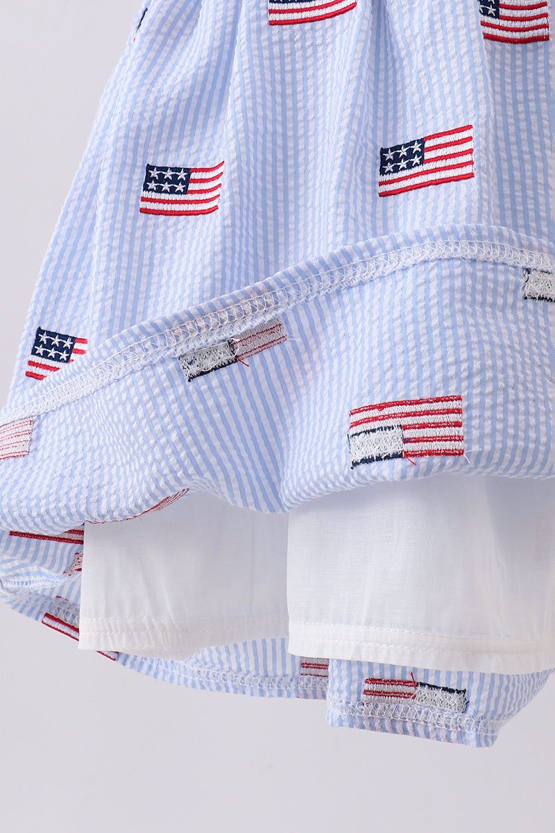 Blue Flag Embroidery Seersucker Ruffle Dress