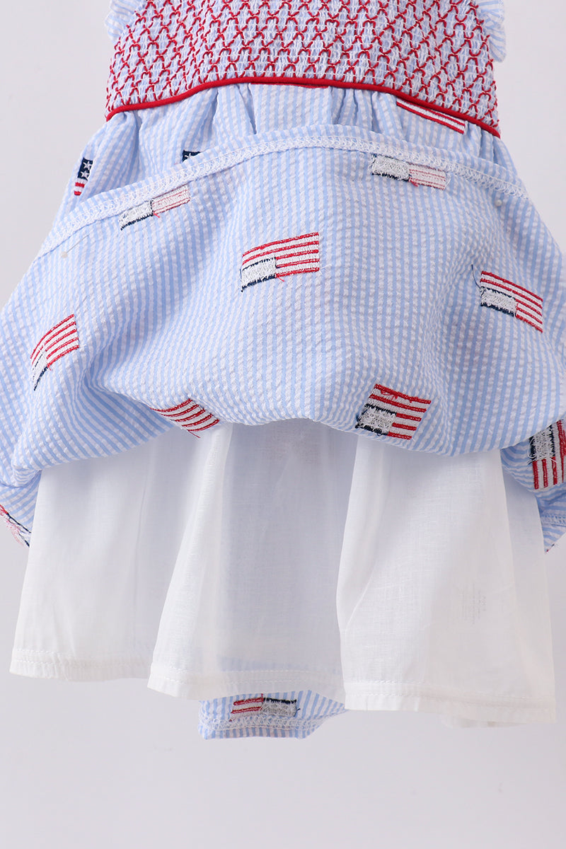 Blue Flag Embroidery Seersucker Ruffle Dress