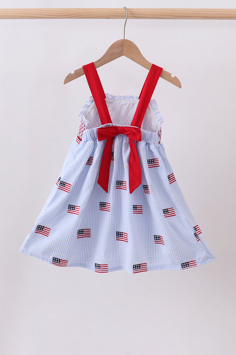 Blue Flag Embroidery Seersucker Ruffle Dress