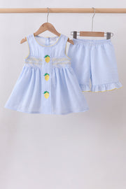 Blue Lemon Embroidery Seersucker Ruffle Shorts Set