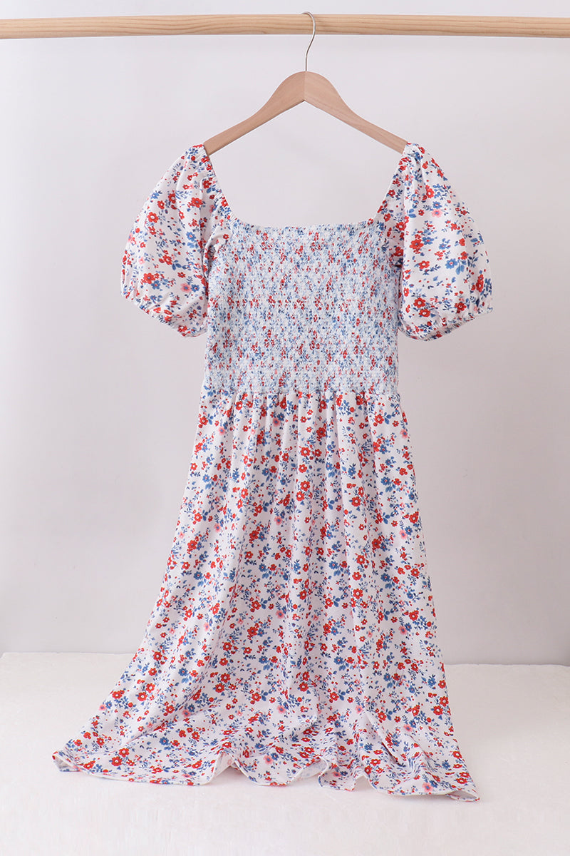 Blue Floral Smocked Dress