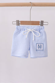 Blue Stripe Seersucker Crab Embroidery Swim Trunks