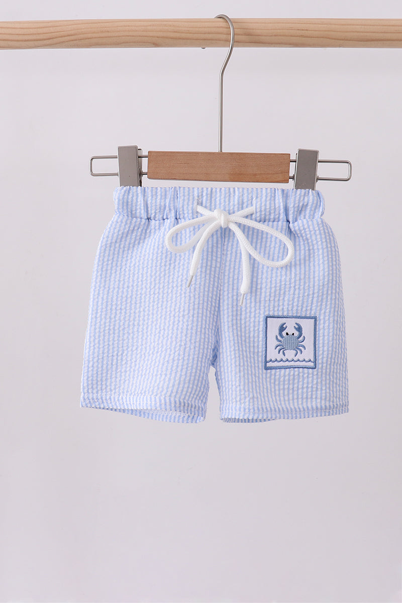 Blue Stripe Seersucker Crab Embroidery Swim Trunks