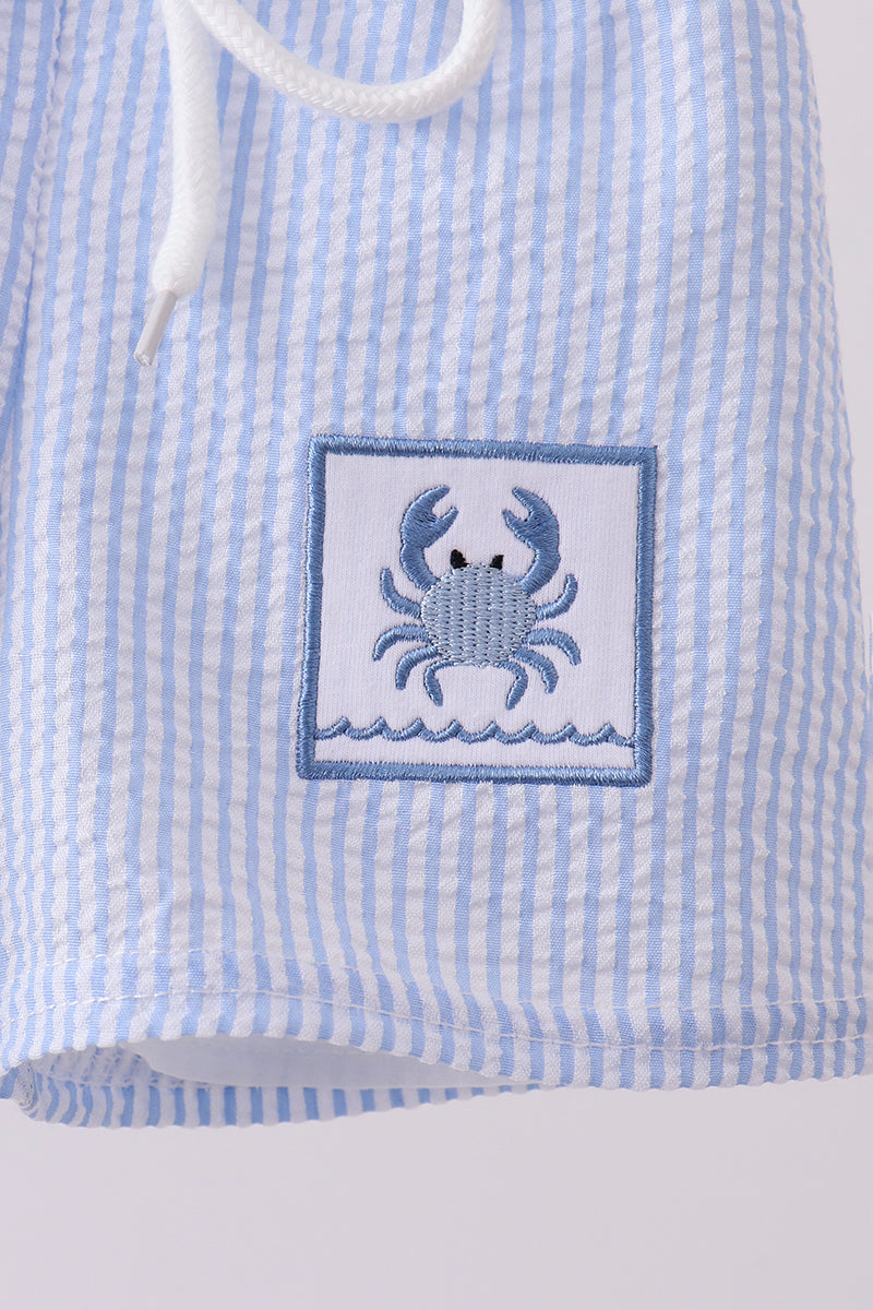 Blue Stripe Seersucker Crab Embroidery Swim Trunks