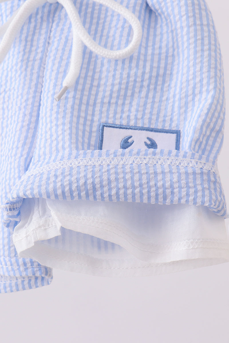 Blue Stripe Seersucker Crab Embroidery Swim Trunks