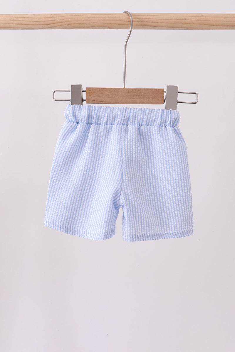 Blue Stripe Seersucker Crab Embroidery Swim Trunks