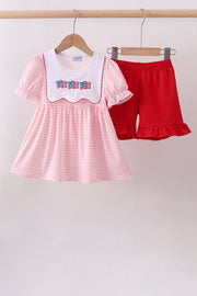 Pink Flag Embroidery Gingham Ruffle Shorts Set