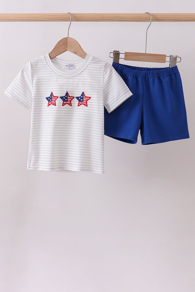 Navy Bow Applique Stripe Shorts Set