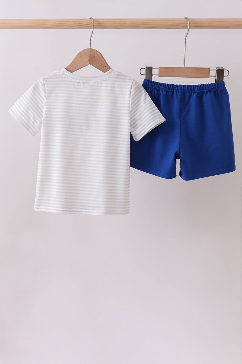 Navy Bow Applique Stripe Shorts Set