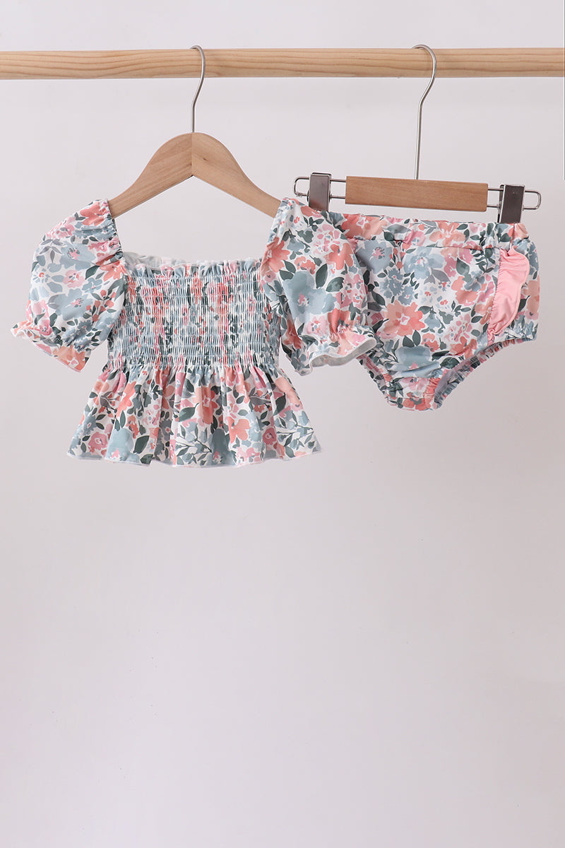 Pink Floral Smocked Upf Swim Set