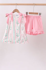 Pink Floral Print Bow Ruffle Shorts Set