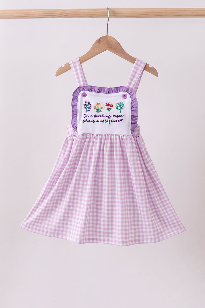 Purple Floral Embroidery Gingham Ruffle Dress