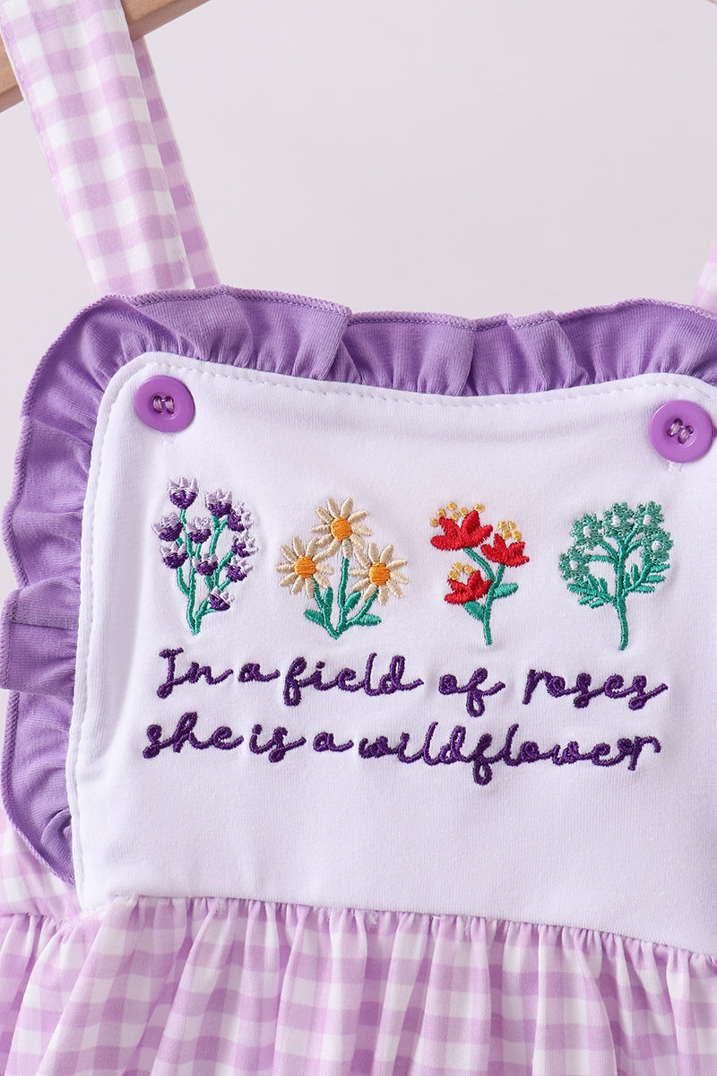 Purple Floral Embroidery Gingham Ruffle Dress