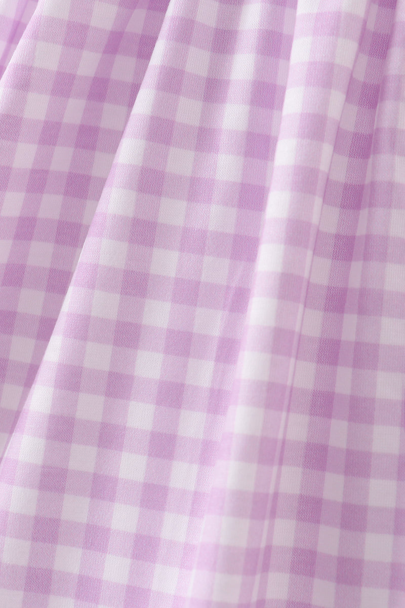 Purple Floral Embroidery Gingham Ruffle Dress