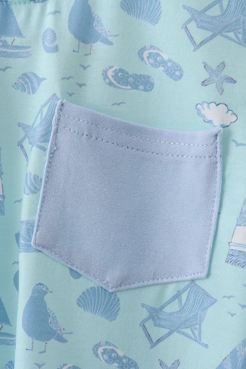 Blue Beach Print Pocket Top