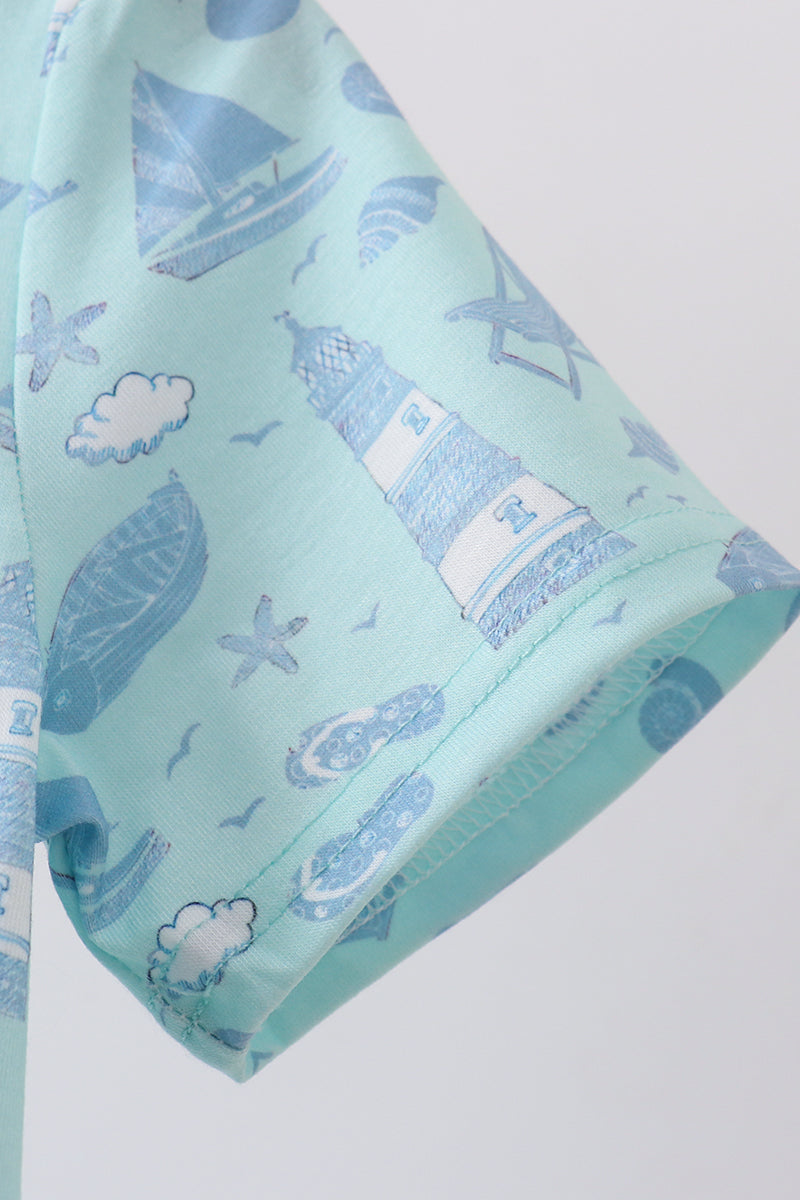 Blue Beach Print Pocket Top