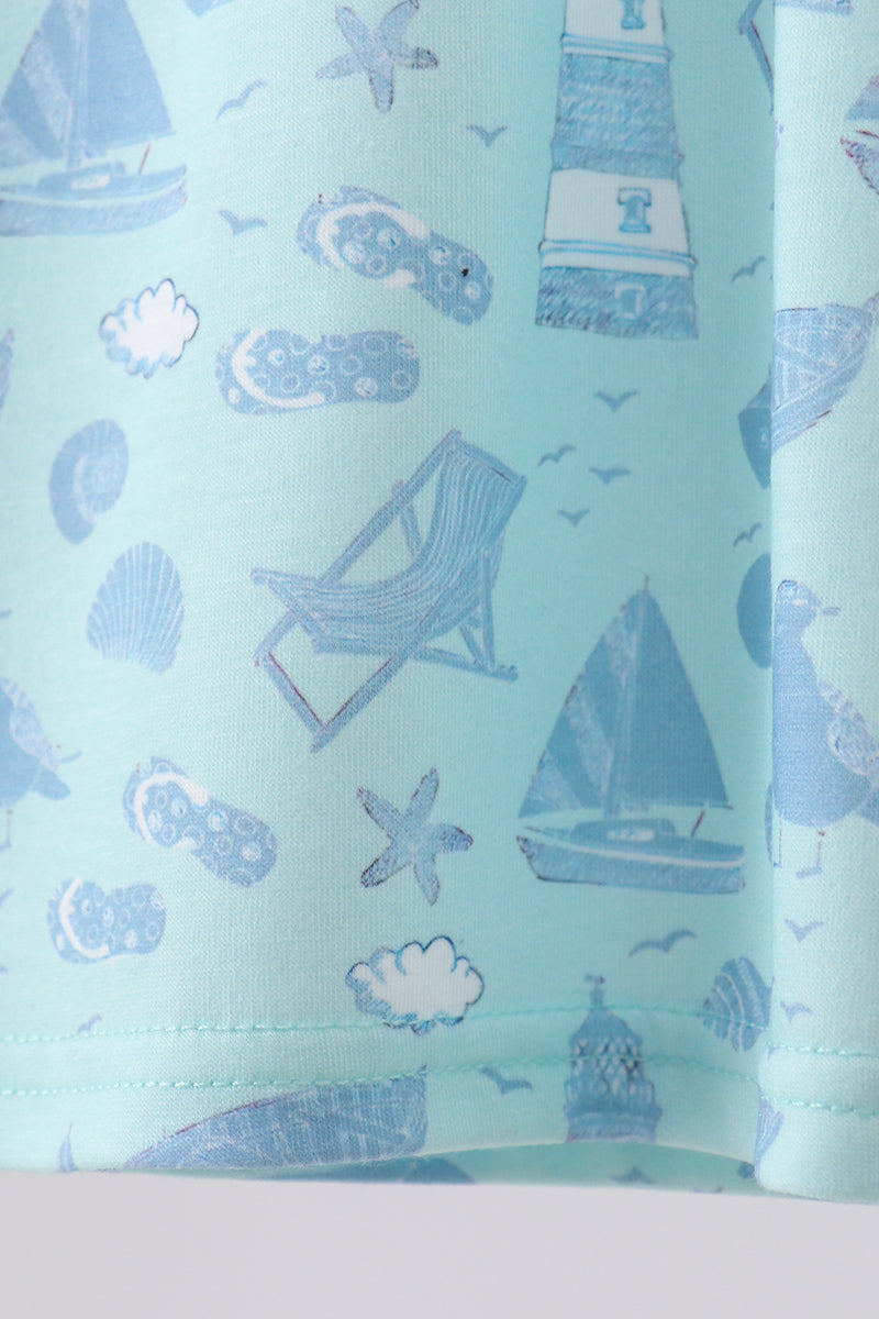Blue Beach Print Pocket Top