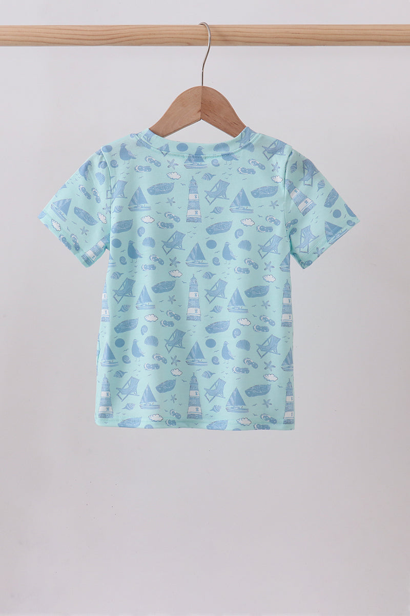 Blue Beach Print Pocket Top