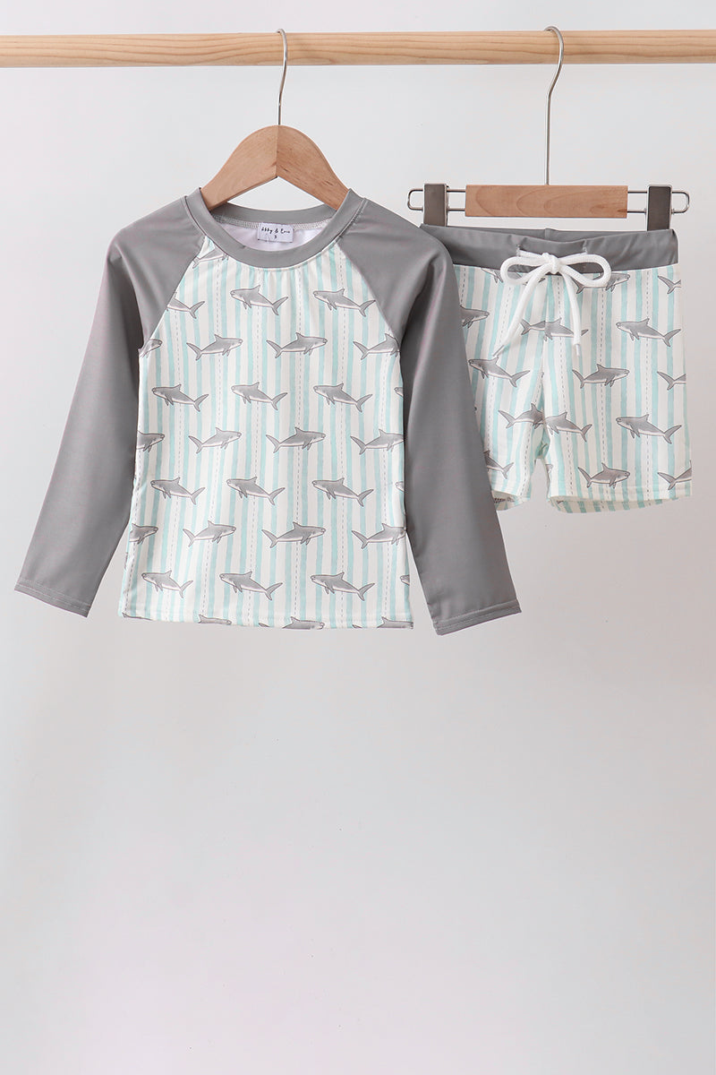 Green Stripe Shark Upf Rashguard Set