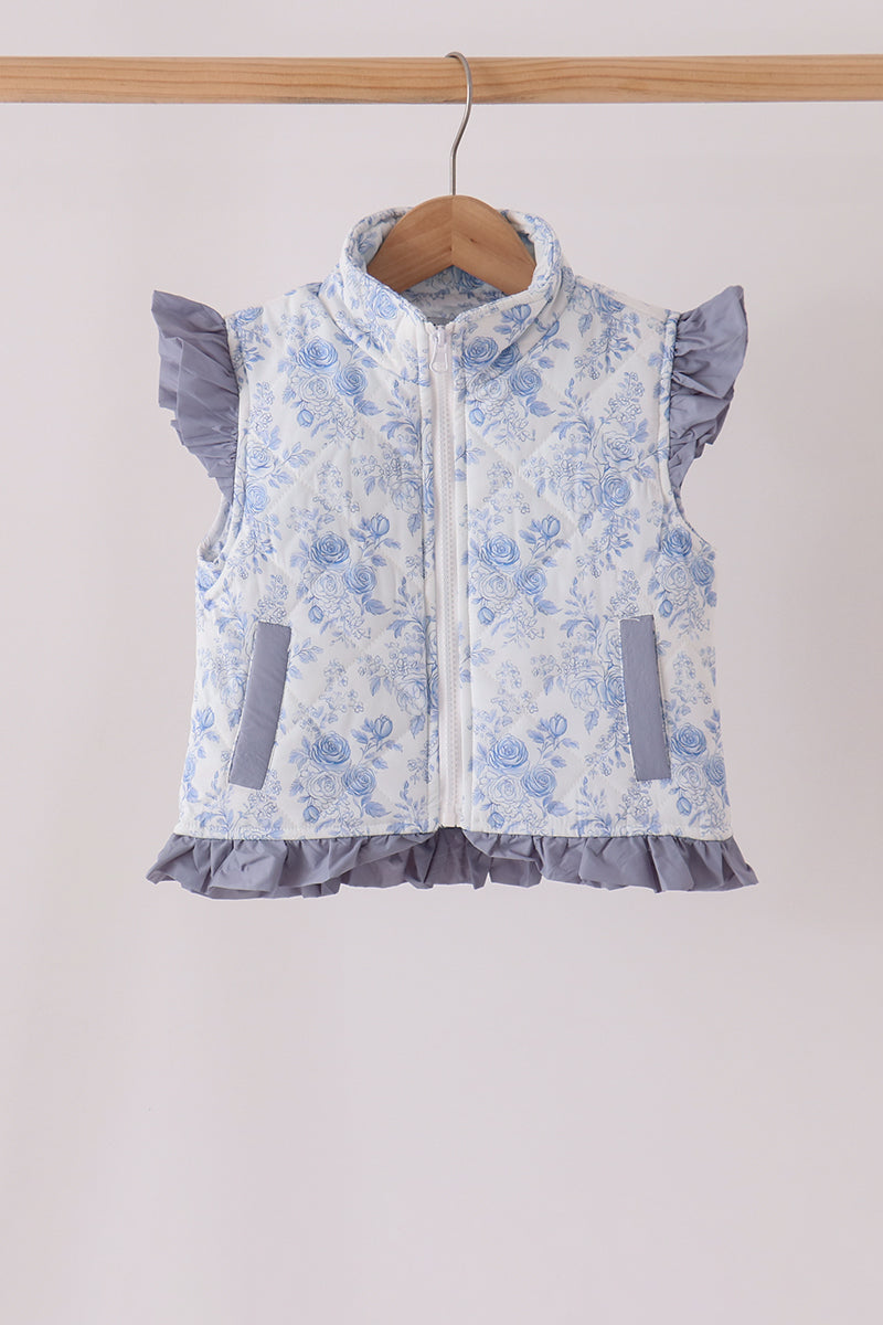 Blue Floral Ruffle Vest
