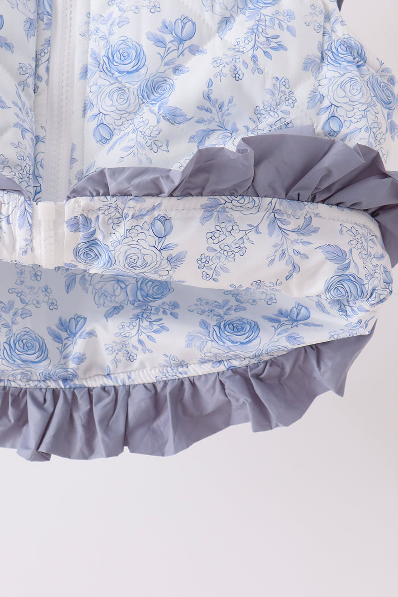 Blue Floral Ruffle Vest