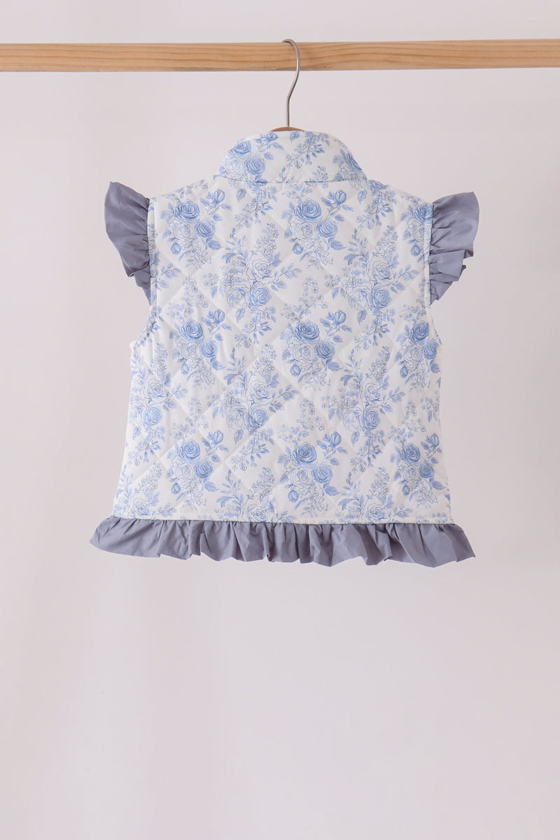 Blue Floral Ruffle Vest
