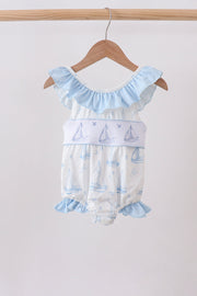 Blue Sailboat Smocked One-piece Swimsuit