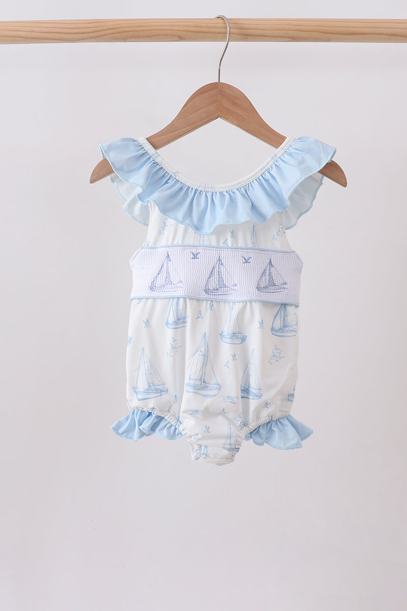Blue Sailboat Smocked One-piece Swimsuit
