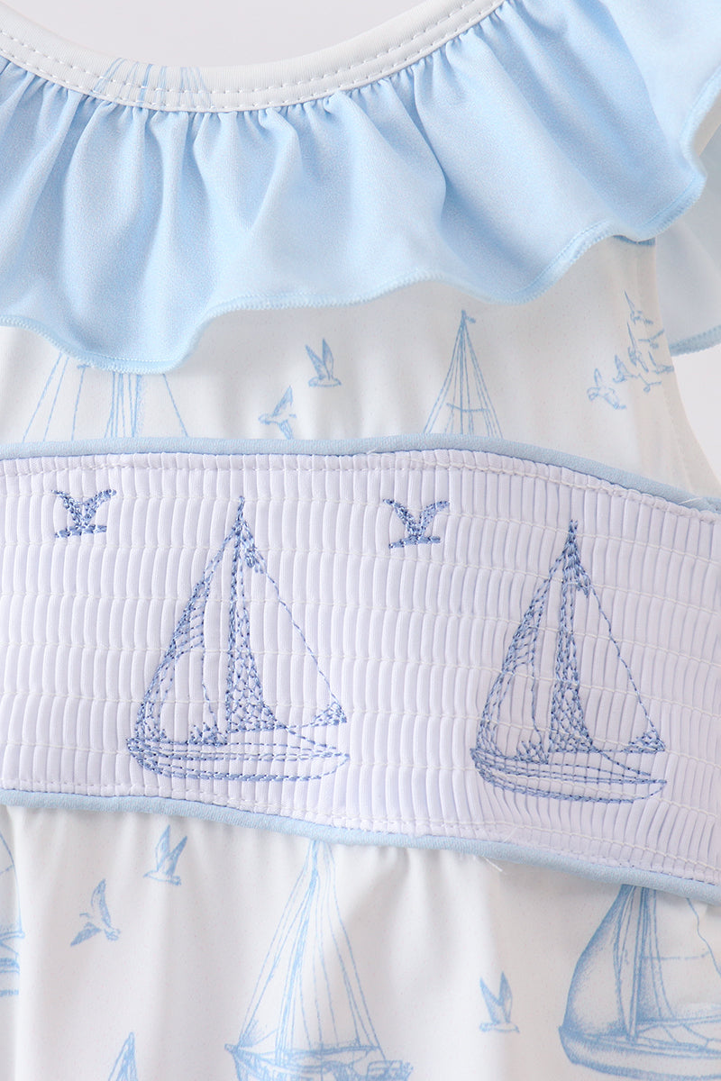 Blue Sailboat Smocked One-piece Swimsuit