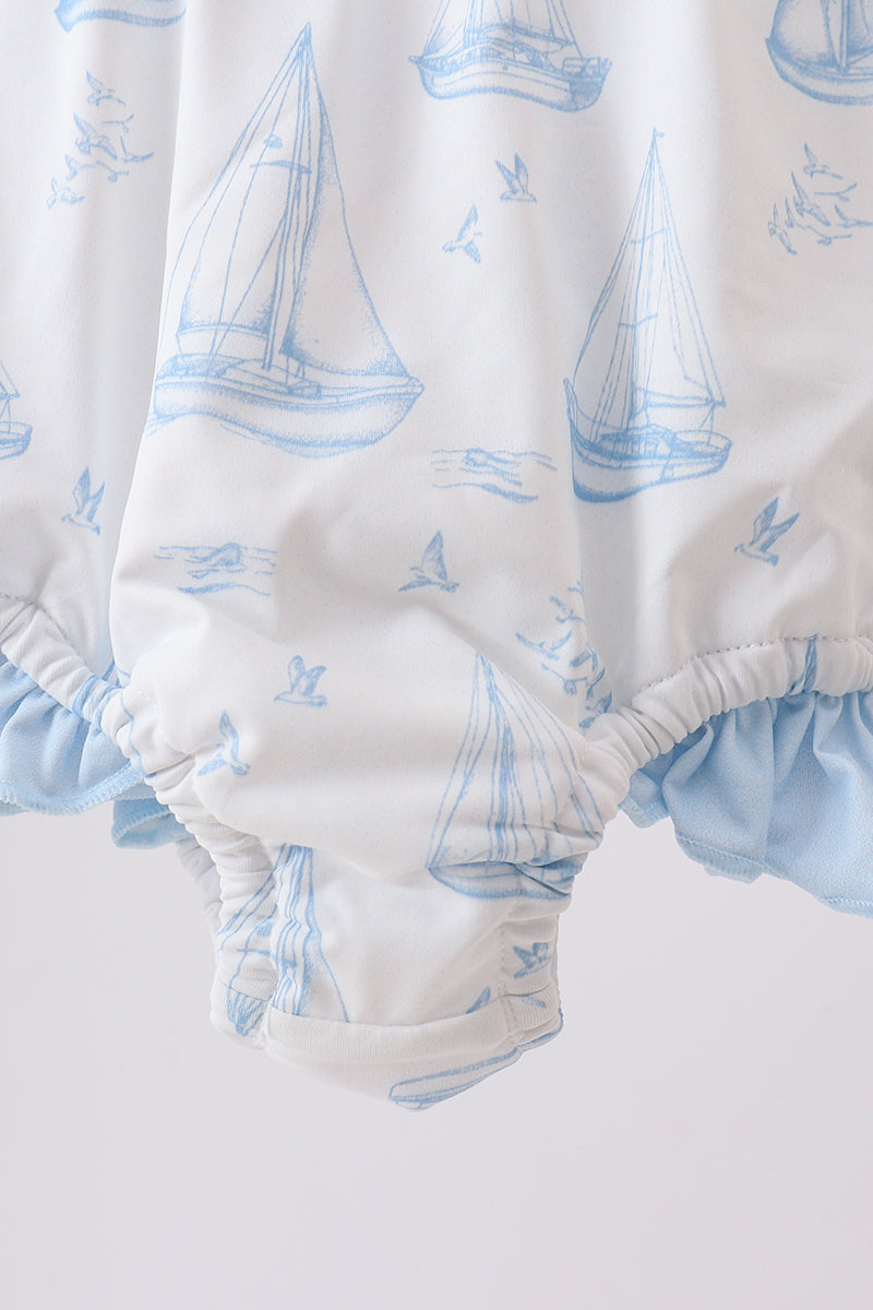 Blue Sailboat Smocked One-piece Swimsuit