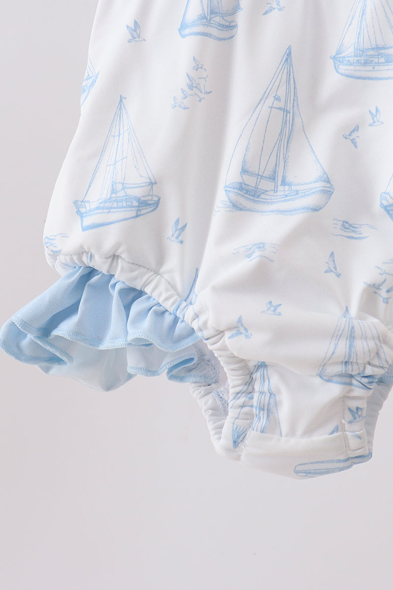 Blue Sailboat Smocked One-piece Swimsuit