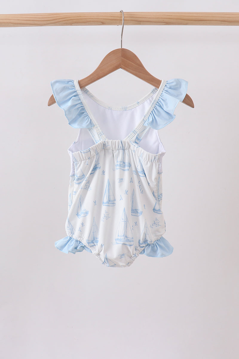 Blue Sailboat Smocked One-piece Swimsuit
