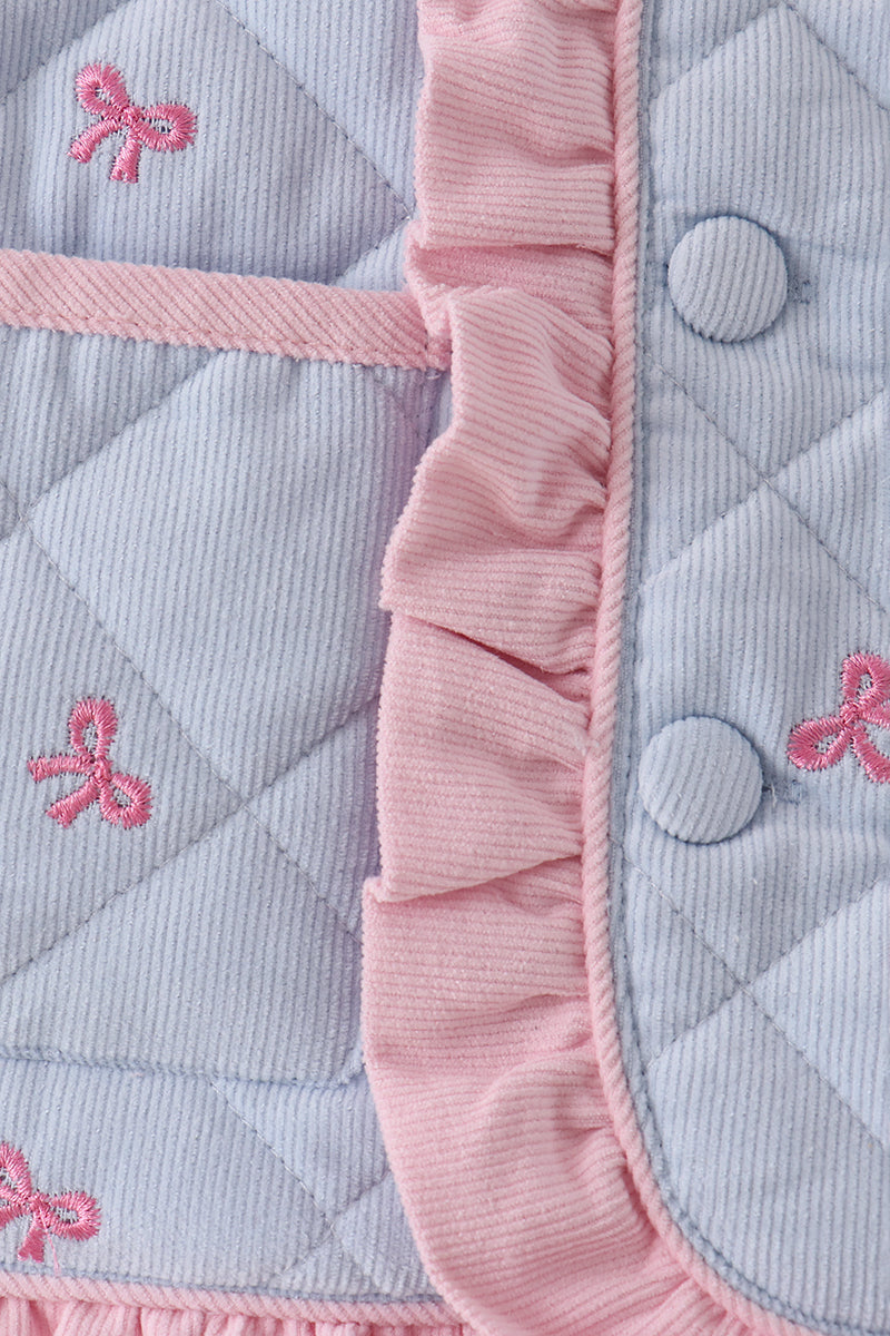 Blue Corduroy Bow Embroidery Ruffle Jacket