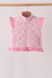 Pink Corduroy Bow Embroidery Ruffle Vest