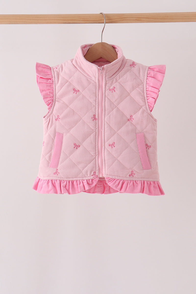 Pink Corduroy Bow Embroidery Ruffle Vest