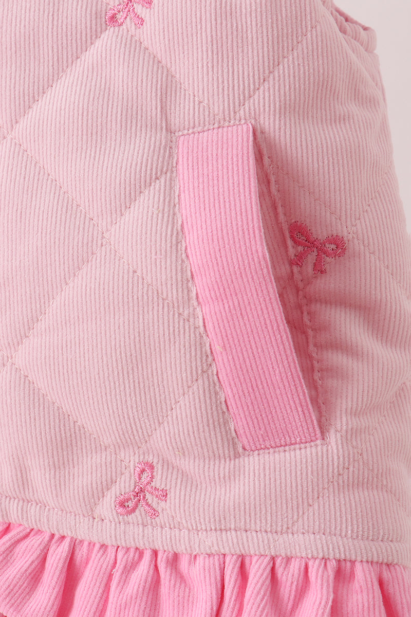 Pink Corduroy Bow Embroidery Ruffle Vest