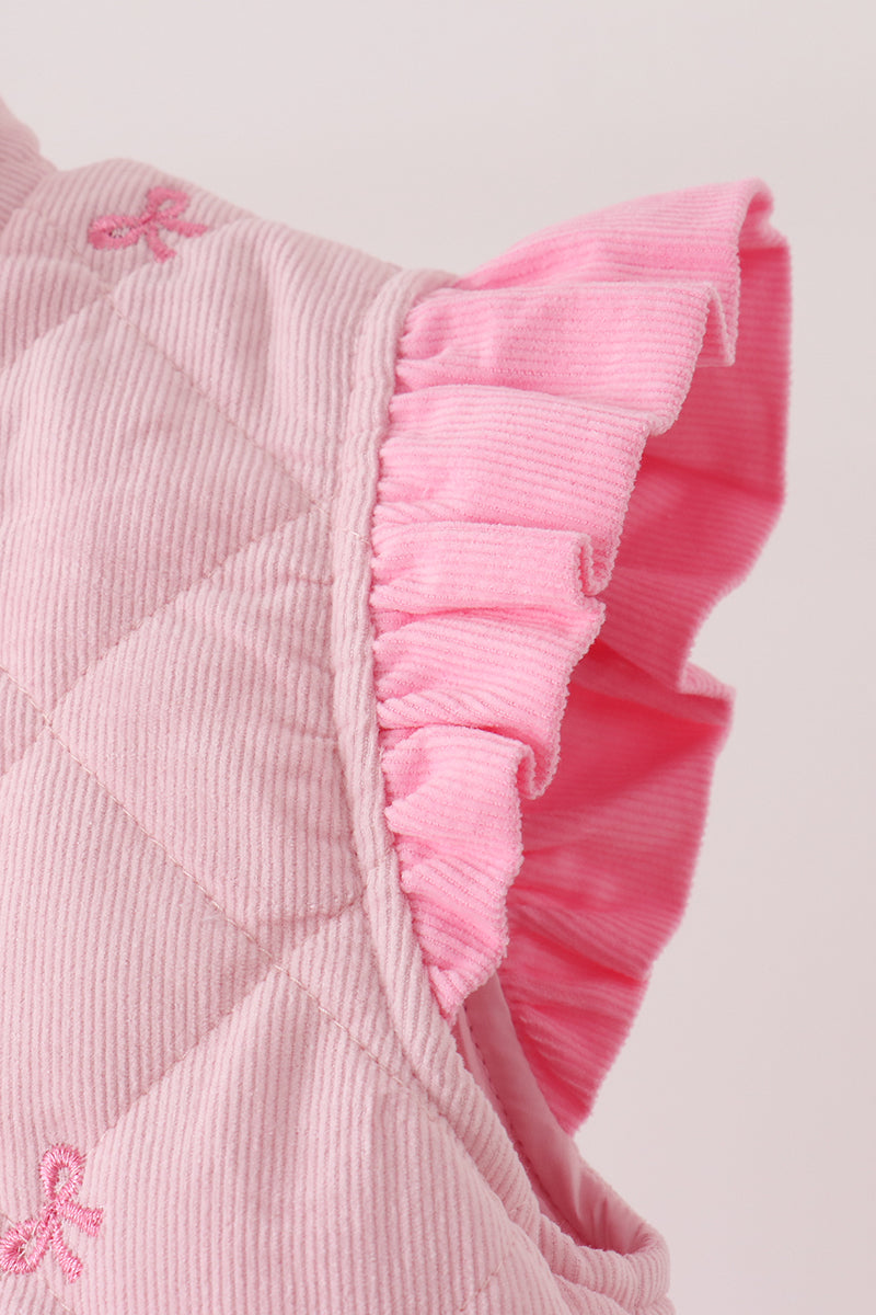 Pink Corduroy Bow Embroidery Ruffle Vest