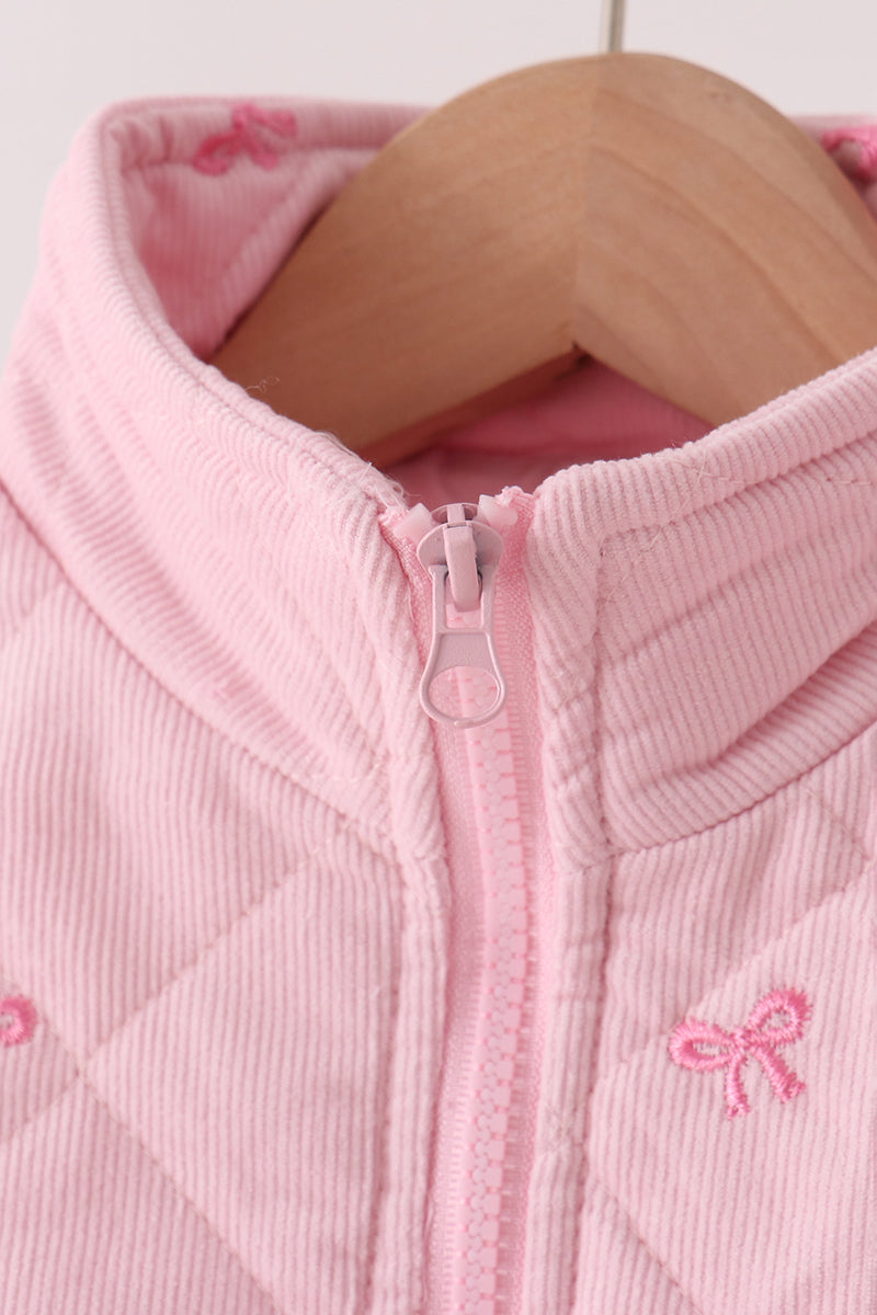 Pink Corduroy Bow Embroidery Ruffle Vest