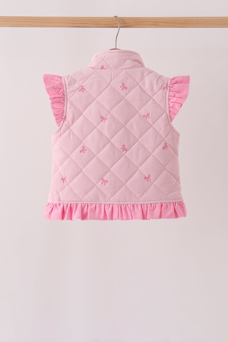 Pink Corduroy Bow Embroidery Ruffle Vest