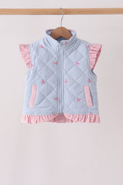 Blue Corduroy Bow Embroidery Ruffle Vest