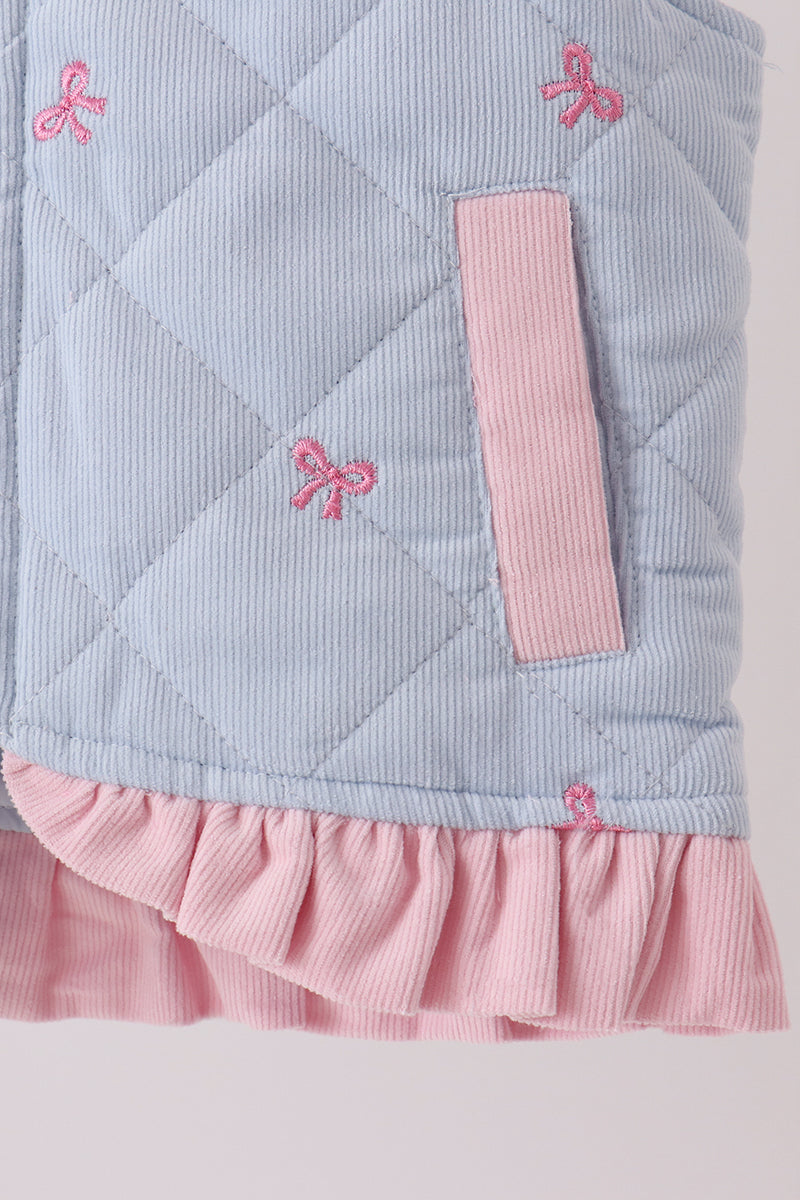 Blue Corduroy Bow Embroidery Ruffle Vest