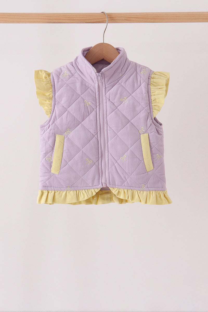 Purple Corduroy Bow Embroidery Ruffle Vest