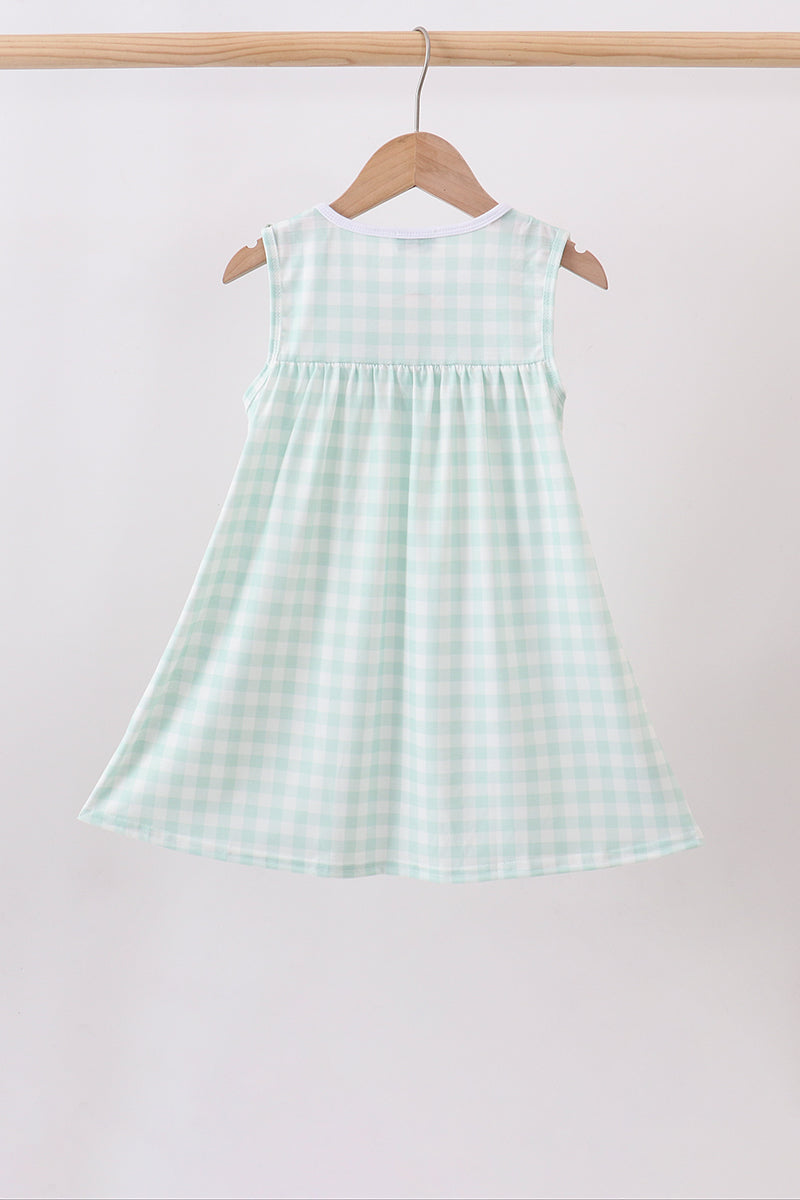 Green Football French Knot Gingham Ruffle Dress
