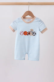 Blue Puppy Ball Embroidered Stripe Romper