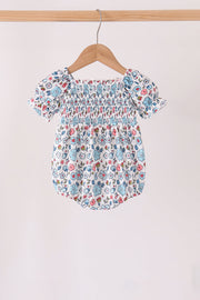 Blue Floral Smocked Ruffle Bubble