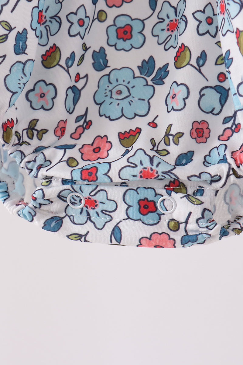 Blue Floral Smocked Ruffle Bubble