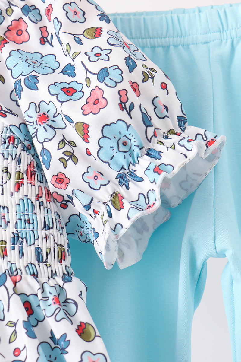 Blue Floral Smocked Ruffle Pants Set