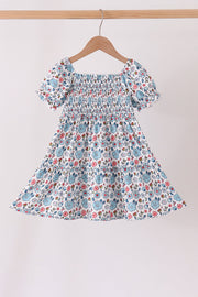 Blue Floral Smocked Ruffle Dress
