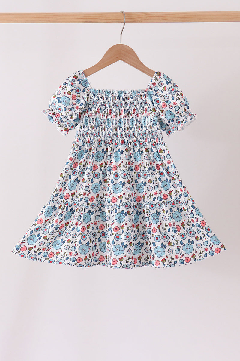 Blue Floral Smocked Ruffle Dress
