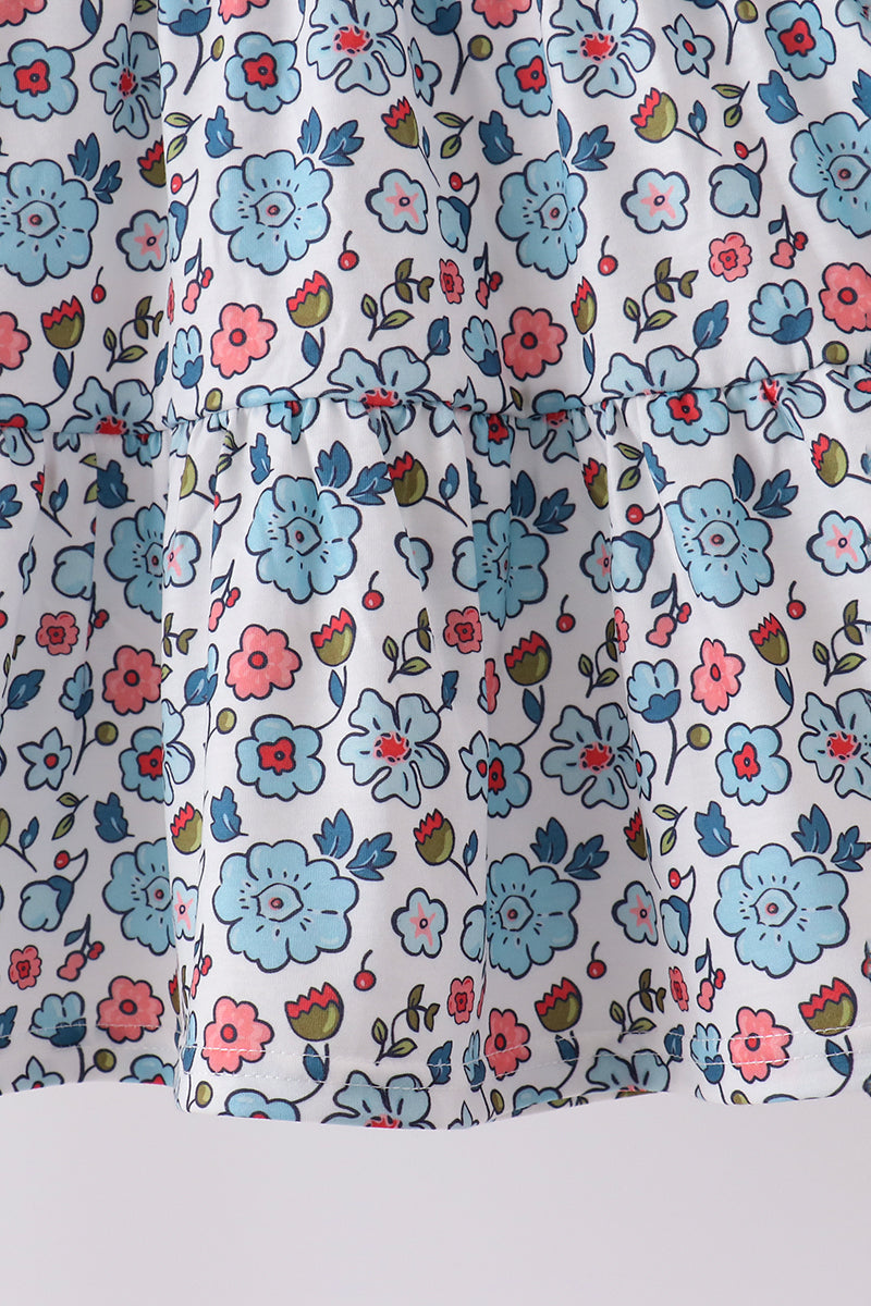 Blue Floral Smocked Ruffle Dress